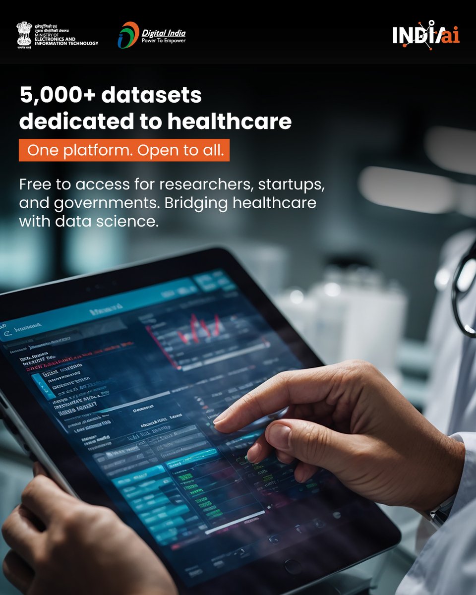 OfficialINDIAai's tweet image. "Together for Health. Stand with Science." 🧬

With over 5,000 datasets and 40+ use cases, AIKosh is reimagining wellness for every Indian. 🇮🇳

Discover AI-driven healthcare at aikosh.indiaai.gov.in

#WorldHealthDay #IndiaAI #HealthTech #AIForGood #MeitY #HealthForAll