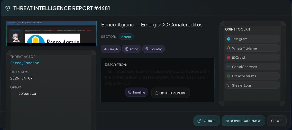 VECERTRadar's tweet photo. 🚨 CYBER INTELLIGENCE ALERT: OPERATIONAL DATABASE LEAK - BANCO AGRARIO DE COLOMBIA 🇨🇴

🌐 A massive and free publication of internal and confidential databases related to portfolio management and sales at Banco Agrario de Colombia has been reported. The leak appears to have originated from a compromise in the supply chain, affecting the back-office and BPO company EmergiaCC (Conalcréditos).

📍 Affected Entities: Banco Agrario de Colombia (https://t.co/Fr0U9XCiJ7) and EmergiaCC (https://t.co/42q4y47VWz).

👤 Threat Actor: Petro_Escobar

📊 Breach Volume: 40,000 records (published free of charge as a sample).

📂 Nature of the Data: Operational information related to social media management, back-office messaging, and sales of home and mobile products (2022).

📅 Publication Date: April 7, 2026.

📦 EXPOSED INFORMATION (TECHNICAL DETAILS):

The structure of the leaked data reveals extremely sensitive information about the bank-customer relationship:

👤 Personal Data: Full names and national identity document numbers.

📱 Contact Information: Mobile phone numbers and telephone management records.

🏦 Financial and Credit Data:

Bank product numbers.

Debt Amounts: Total amount, outstanding balance, and days past due.

Payment Commitments: Promise dates, agreed amounts, and last payment dates.

Portfolio Status: Classifications such as "Overdue," "Recovery," or "Regularization."

🕵️ Management Logs: Names of the agents who made the calls, non-payment excuse codes, and the results of the actions taken.

Monitor:

https://t.co/wk9bZJ2Nli

#Cybersecurity #Colombia #BancoAgrario #EmergiaCC #DataLeak #NyxarGroup #VECERT #InfoSec #FintechSecurity #Banking #DataBreach