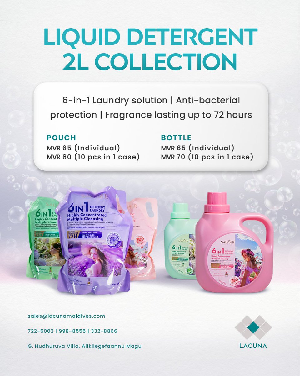 LacunaMaldives's tweet image. Sadoer 2L liquid detergent for effective cleaning and everyday laundry care.

A 6-in-1 formula with anti-bacterial protection and a long-lasting fragrance. 🌸

ORDER NOW
📱 722-5002 | 998-8555 | ☎️ 332-8866
📧 sales@lacunamaldives.com

#Maldives #laundrydetergent #Detergent