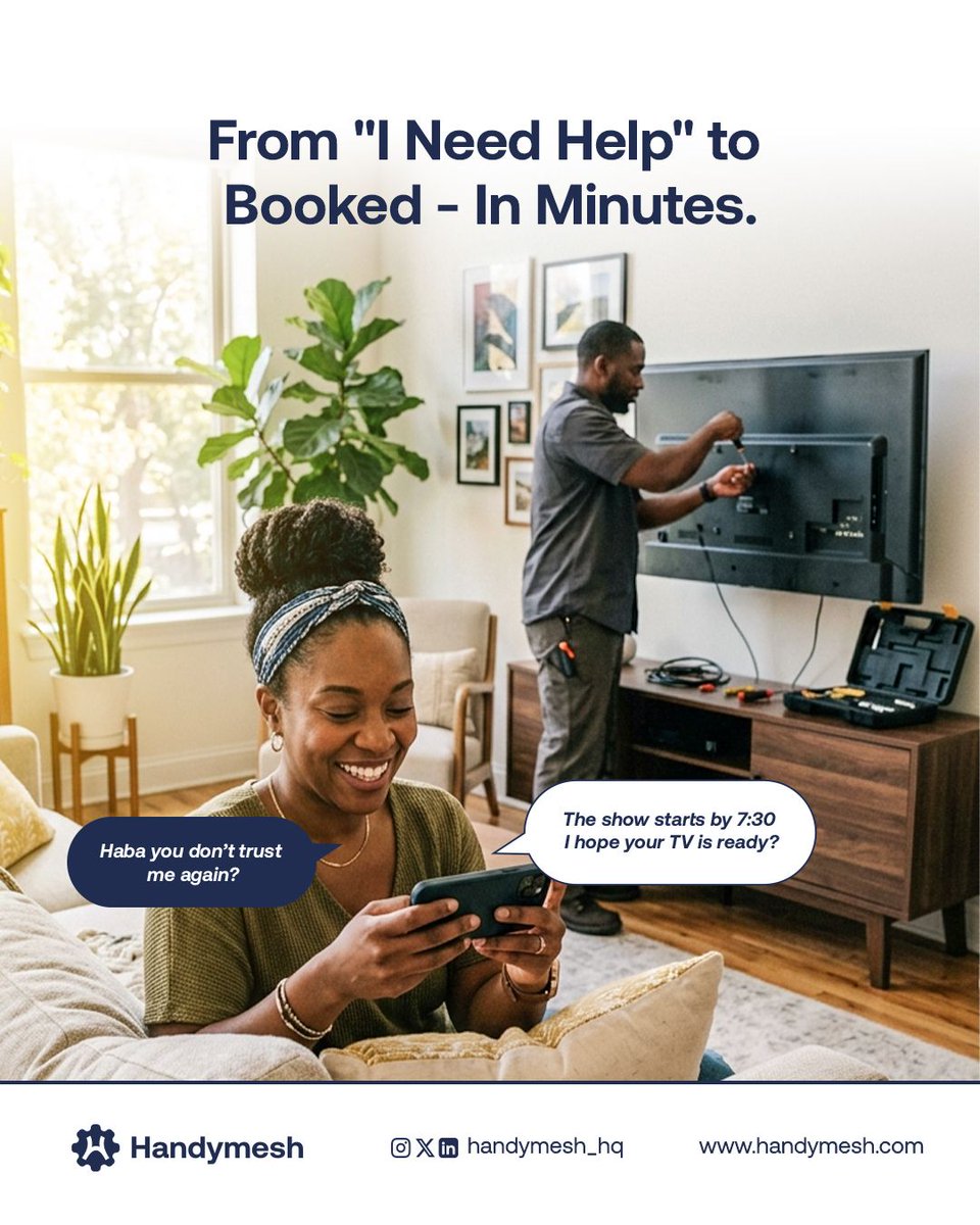 handymesh_'s tweet photo. From "I Need Help" to Booked In Minutes.
Your home deserves quick, reliable attention not a three-day search. Handymesh gets you there fast. ✅
Join Handymesh now 
#Handymesh #HomeServices #Nigeria https://t.co/OcsWEZ6ETF