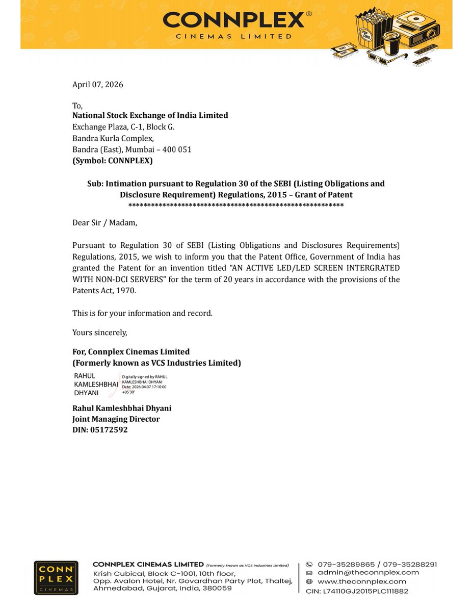 nileshkurhade's tweet photo. 📌 Connplex Cinemas Limited informed the exchange about the Patent Office, Government of India granting the Patent for an invention titled “AN ACTIVE LED/LED SCREEN INTERGRATED WITH NON-DCI SERVERS” for the term of 20 years. #SME #CONNPLEX 📜💡 https://t.co/xab3mzKhZe