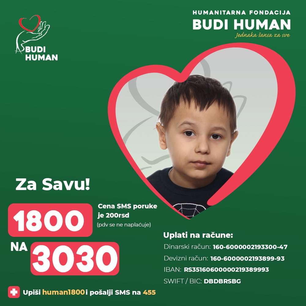 budihuman's tweet image. Pomozimo Savi!

Upišimo 1800 i pošaljimo SMS na 3030

budihuman.rs/korisnik/1800/…

#budihuman #jednakašansazasve #podeli #savamarinković