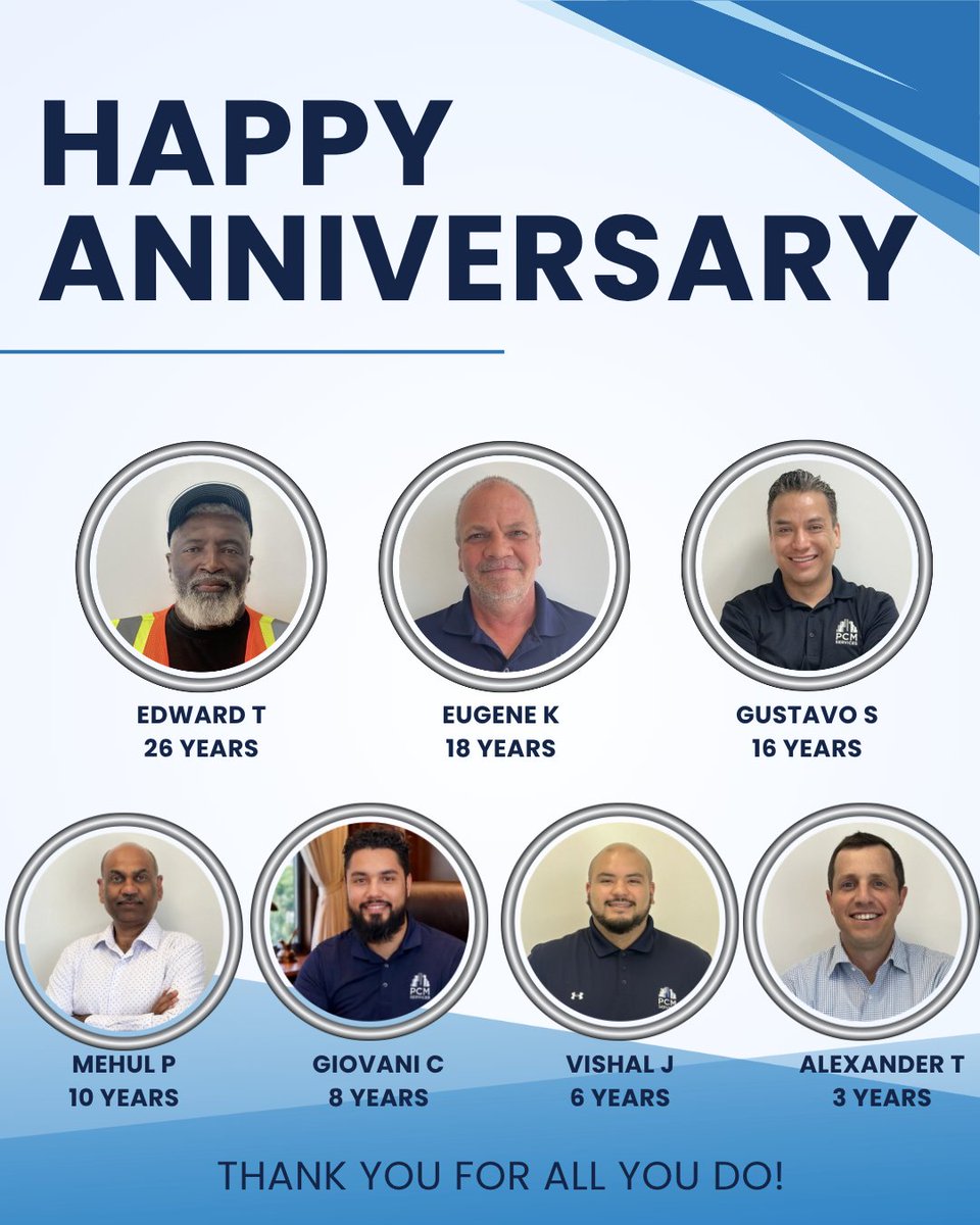 PCMServices92's tweet photo. Celebrating Our March Work Anniversaries!
This month, we’re proud to honor our dedicated team members marking another year with us. 👏

Edward T. 26 Years, Eugene K. 18 Years, Gustavo S. 16 Years, Mehul P. 10 Years, Giovani C. 8 Years, Vishal J. 6 Years, Alexander T. 3 Years. https://t.co/sy4WFlXV3M