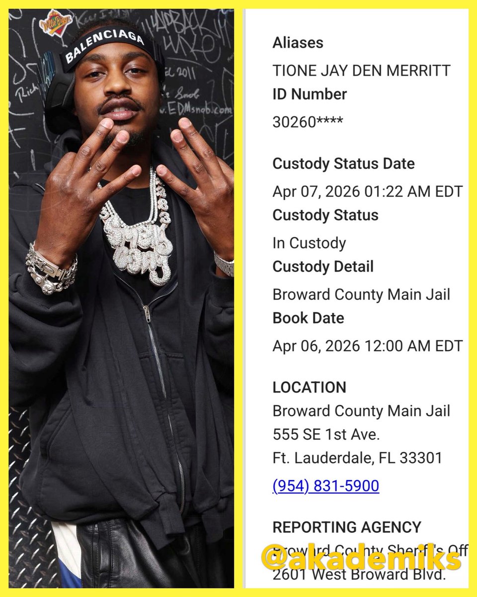 Akademiks's tweet image. UPDATE: Lil tjay got booked at the broward county jail last night allegedly related to the incident at the casino involving offset. It’s unclear if he’s still in custody at this moment.