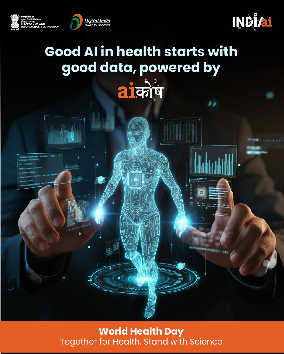 OfficialINDIAai's tweet image. "Together for Health. Stand with Science." 🧬

With over 5,000 datasets and 40+ use cases, AIKosh is reimagining wellness for every Indian. 🇮🇳

Discover AI-driven healthcare at aikosh.indiaai.gov.in

#WorldHealthDay #IndiaAI #HealthTech #AIForGood #MeitY #HealthForAll