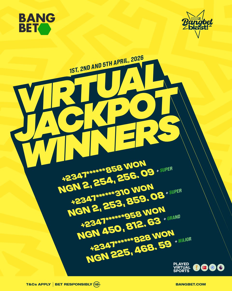 BangbetNaija's tweet photo. Congratulations to all our latest virtual jackpot winners. Visit https://t.co/v8mDMRSorK to start playing now!
#Morethanwin #Bangbet #Bangbetcasino https://t.co/6pGi1J76ce