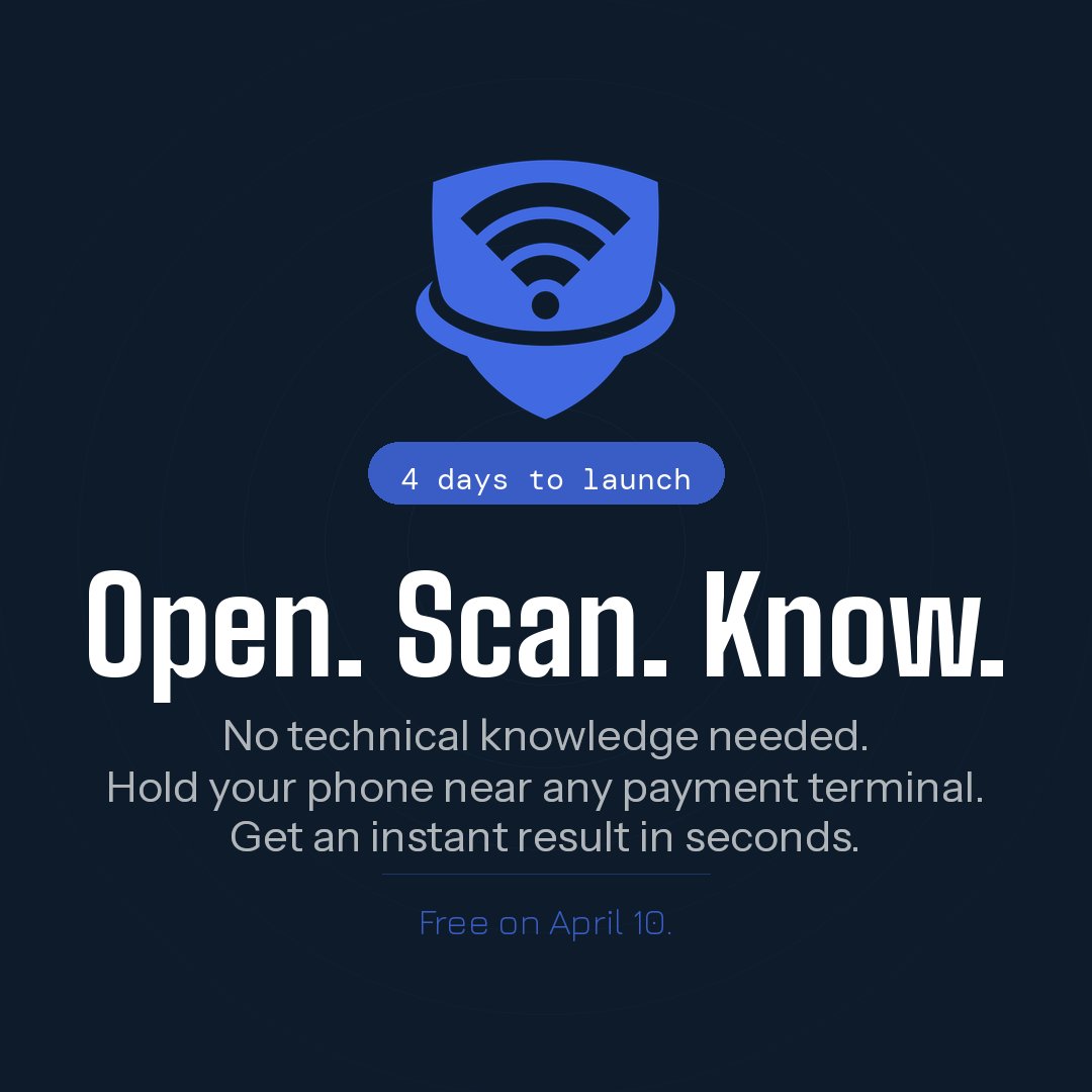 SkimGuard's tweet photo. Open. Scan. Know. Three steps. Under 10 seconds. No technical knowledge needed. Coming April 10 — free. #CardSkimmer #GasPumpSafety https://t.co/oekLyhIsD5