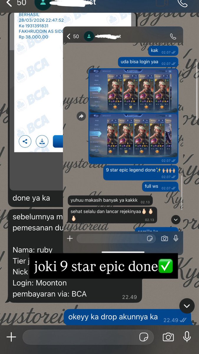 fakhruddinass's tweet photo. testimoni joki ml kyyystoreid

- joki gendong honor 5 star✅
- joki gendong 5 star legend✅
- joki gendong 4 star free 1 star mitik✅
- joki vilog 9 star epic done✅

halo guys. masih ready ya joki ml trusted sung proses aman termurah no wlwl. order wa di bio yaaa✨🙌🏼 https://t.co/v5GiL77gq1