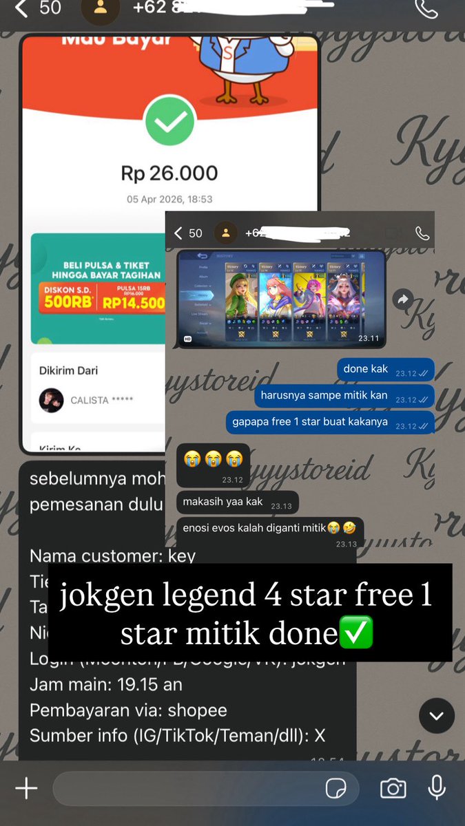 fakhruddinass's tweet photo. testimoni joki ml kyyystoreid

- joki gendong honor 5 star✅
- joki gendong 5 star legend✅
- joki gendong 4 star free 1 star mitik✅
- joki vilog 9 star epic done✅

halo guys. masih ready ya joki ml trusted sung proses aman termurah no wlwl. order wa di bio yaaa✨🙌🏼 https://t.co/v5GiL77gq1