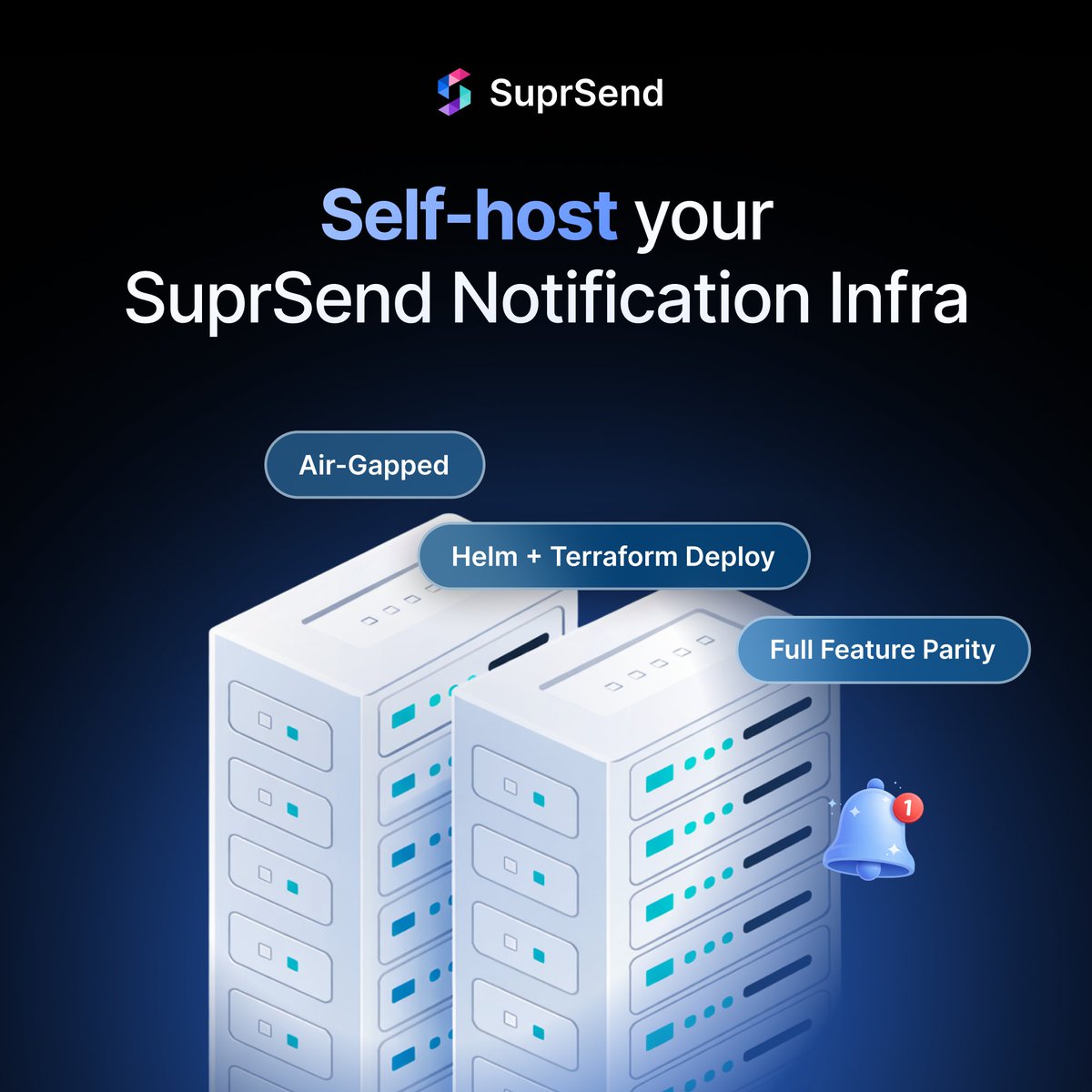 SuprSend's tweet photo. SuprSend now supports self-hosted deployment for Enterprises.

Deploy the full SuprSend platform on your own Kubernetes cluster. AWS, Azure, GCP, or fully on-prem. Your customer data never leaves your network. https://t.co/BSkoDwnJ4M