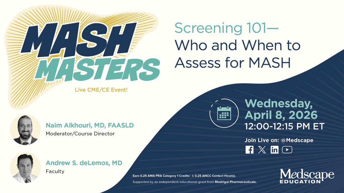 Medscape's tweet image. Watch LIVE Tomorrow ➡️ youtube.com/watch?v=_7W63u… 

Refine your approach to metabolic health with our latest episode of #MASHMasters. Our faculty share critical insights on performing initial MASH screenings in patients with cardiometabolic risks. Not to be missed! 

#CME #MASH