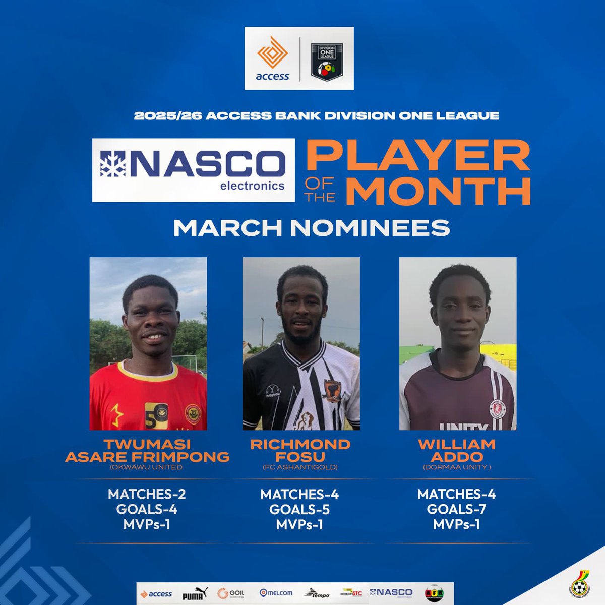 DivisionOneGH's tweet image. 🌟 March Player of the Month Nominees! 

3️⃣ standout performers have been shortlisted for the NASCO Player of the Month award after impressive displays in the #AccessBankDOL. 🔥

🔗: ghanafa.org/three-players-…

@nascoghana