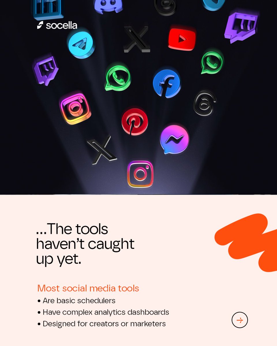 socellahq's tweet photo. We built Socella for how businesses actually use social media.

Other tools stop at basic management. We go further:
✅ Create content with AI (live)
✅ Cross-post across multiple platforms (live)
⚡ Receive mentions &amp; DMs across platforms (coming soon) https://t.co/IAgsoghab8