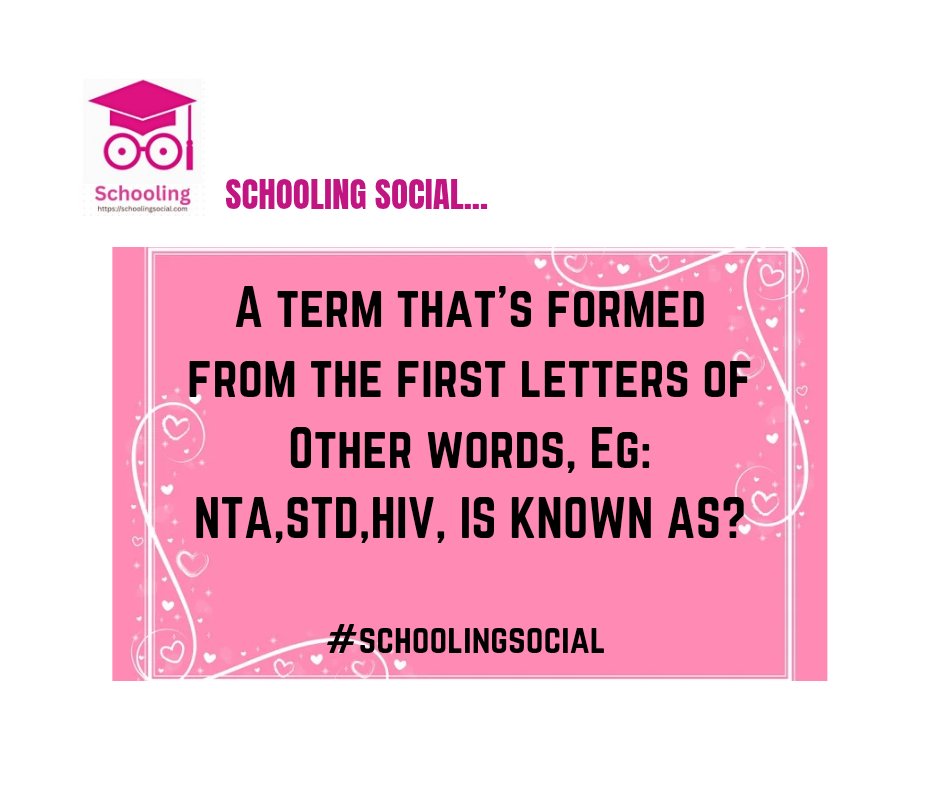 schooling_socia's tweet photo. Words like NASA, CNN, IT, as a letter in this context, has a full meaning of its own each.
Are called what?
#schoolingsocial #viewers #students #virałpost #fypppp #goviral #AcademicFun #scholars #campuslife #schoollife #learning #trendings #followers #englishword #x https://t.co/ksxROa9jP2