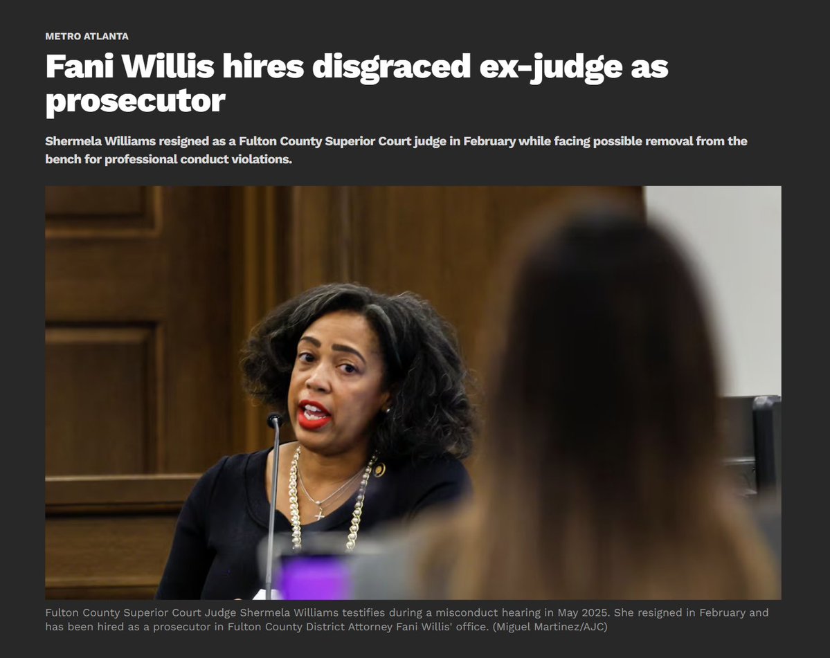 ASFleischman's tweet image. Shermela Williams was about to be disqualified by the JQC for, among other things, locking a witness up and offering to do favors for a former sorority sister who reported her.

Atlanta has a good old boys network every bit as much as any small town.
