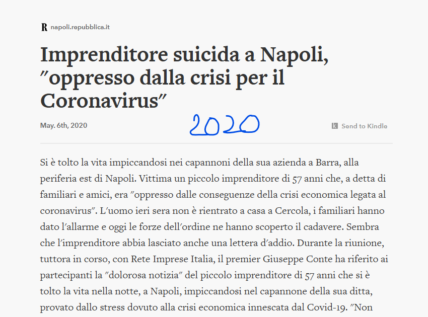 Erinni15's tweet photo. Imprenditore suic**a a Napoli,
"oppresso dalla crisi per il #Coronavirus"
impicc**** nel capannone della sua ditta, provato dallo stress dovuto alla crisi economica innescata dal #Covid19
#lockdown #restriZioniCovid https://t.co/YL6wskXA28