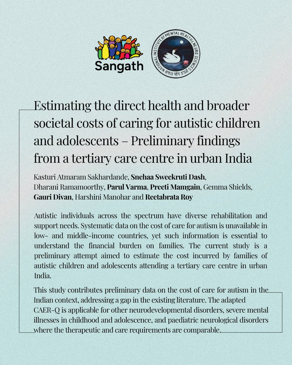SangathIndia's tweet image. 📌This study is a small step towards a change- by documenting such costs in the Indian context, marking an important step towards making the invisible #economicburden of autism spectrum disorder (#ASD) more visible. 

🔗 Read the full paper here: lnkd.in/gUNcSzyc