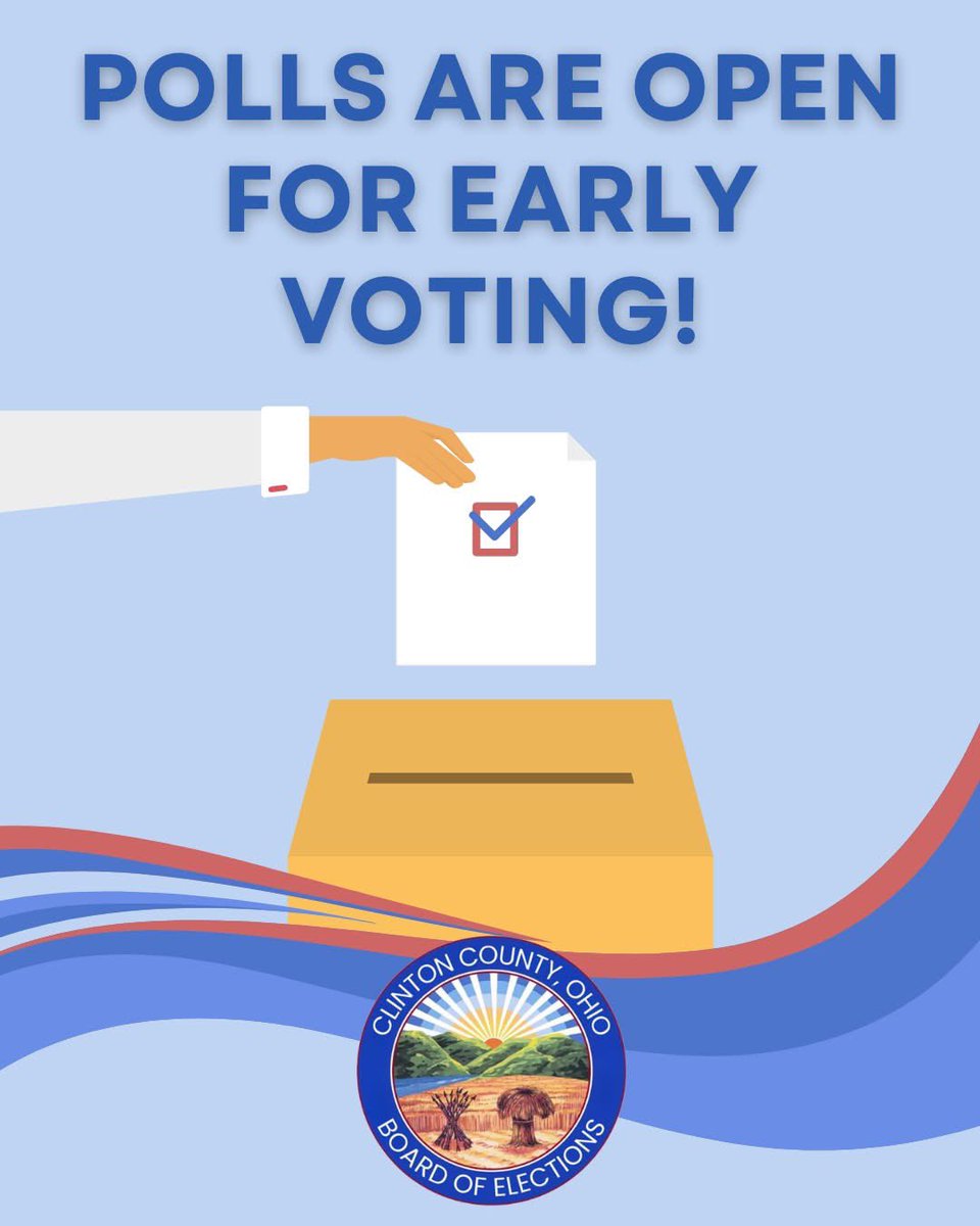 ClintonCOBoe's tweet photo. Hey Clinton County!
Polls are officially open for early voting! Come cast your ballot at 111 S Nelson Ave. Suite 4 Wilmington, OH. Polls are open 8 am-5 pm today through Friday this week.
Questions? Reach out to us here or call our office at (937) 382-3537. https://t.co/rq6Z6myiIQ