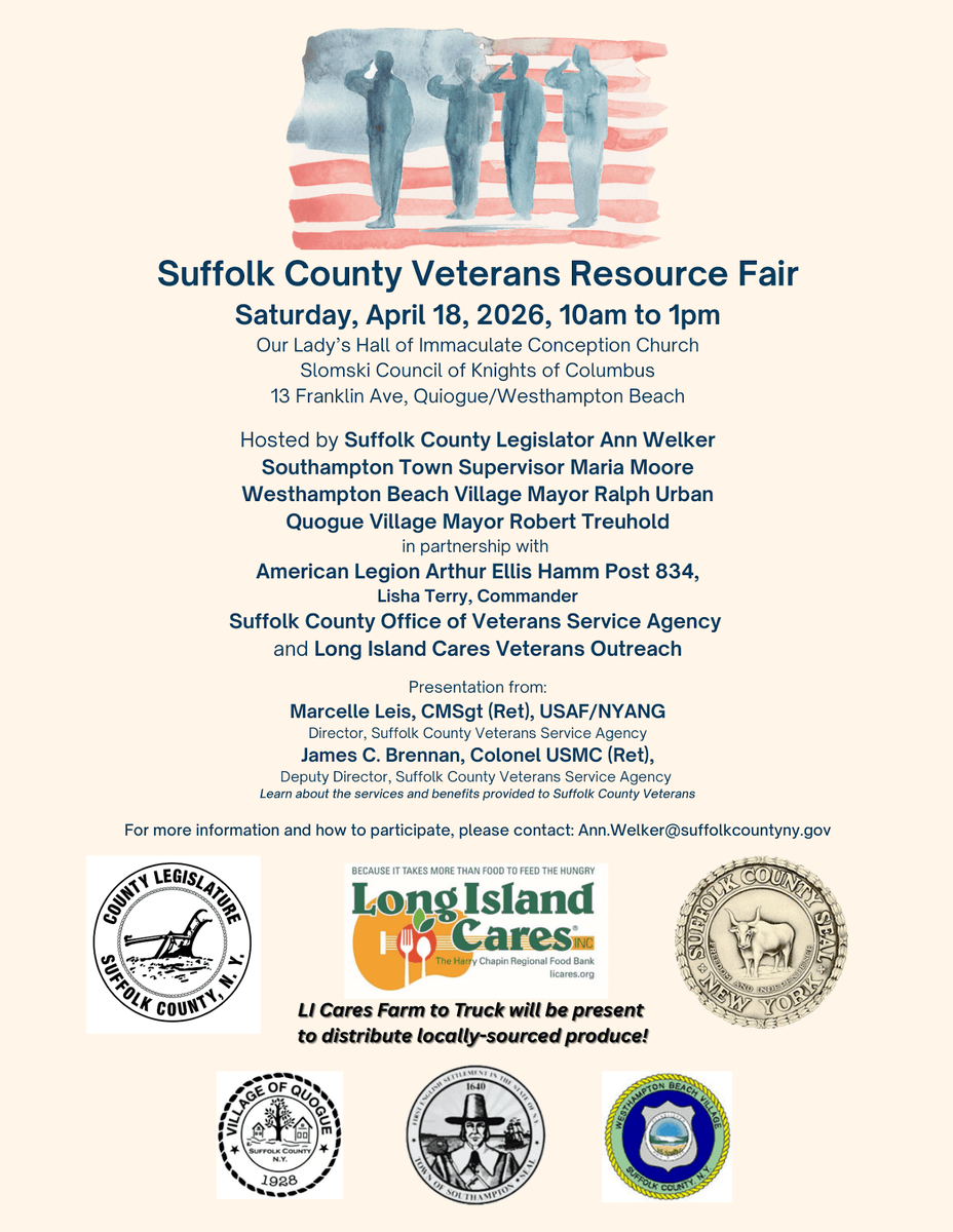 SuffolkIDA's tweet photo. Join Long Island Cares for a Suffolk County Veterans Resource Fair offering resources, support, and locally sourced produce from LI Cares Farm to Truck. Open to veterans, families, and caregivers.  For more information, visit https://t.co/eFN8UO61Am.
#VeteranResources #LongIsland https://t.co/95cywLk6fz