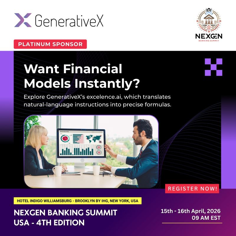 NexGenBanking's tweet photo. 💎 Sponsor Spotlight | #NexGenBankingSummit USA
Excited to feature GenerativeX as a Platinum Sponsor, helping banking teams accelerate financial modeling with AI-powered precision.
New York | 15–16 April 2026
#GenerativeX #AIinBanking #FinancialServices #FinTech https://t.co/6eNHGPyJxN