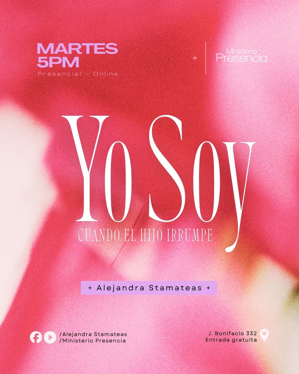 AlejandraStamat's tweet image. Martes en Presencia - Hoy 5 pm.
“Yo Soy” cuando el Hijo irrumpe.
📍PRESENCIAL:
✔️José Bonifacio 332 - Beauchef 834 - CABA
🌎 #ONLINE:
✔️ YouTube y Facebook: Alejandra Stamateas y Ministerio Presencia Online

#charlasespirituales
#charlasgratuitas