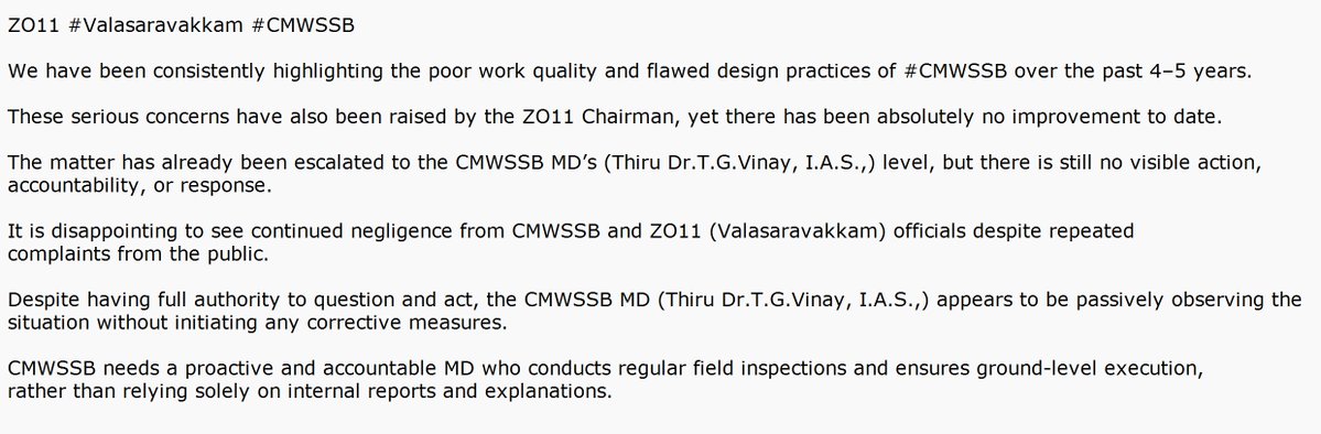 BalajiGopalanCH's tweet image. ZO11 #Valasaravakkam 
#CMWSSB #GRFO 

@CHN_Metro_Water needs a proactive and accountable #MD who conducts regular field inspections and ensures ground-level execution, rather than relying solely on internal reports and explanations. @tnmaws @Chief_Secy_TN @CMOTamilnadu
