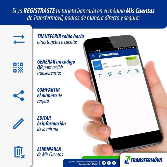 ⏰Ahorre tiempo y agilice sus operaciones registrando su tarjeta bancaria en #Tansfermovil 📱👌🏻

#EtecsaConCuba
#SomosGEIC