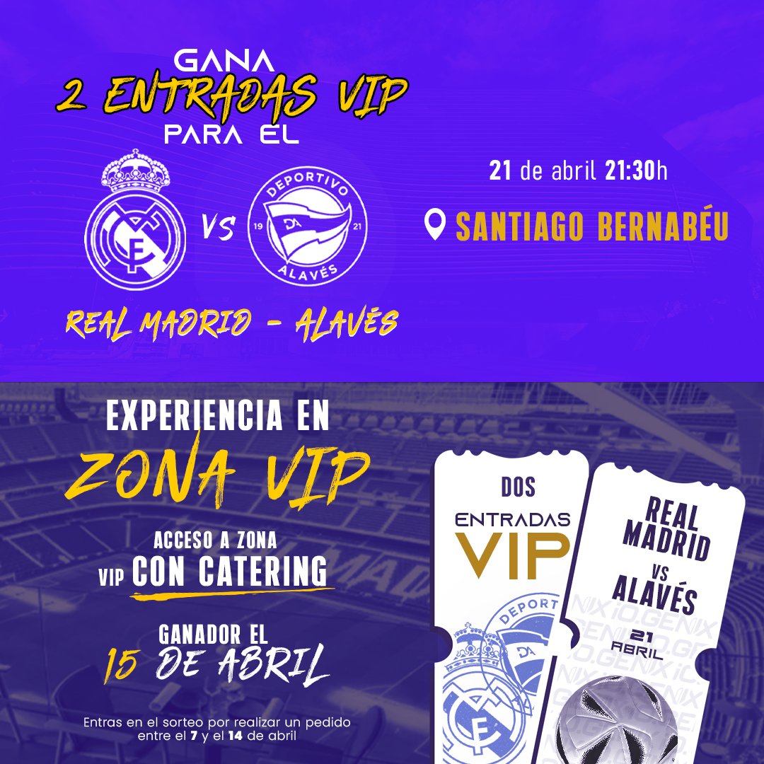 iogenix's tweet photo. 🎟️Gana 2 entradas VIP + catering para el Real Madrid vs Alavés ⚽

Haz tu pedido entre el 7 y el 14 de abril y participa automáticamente.

🏟️ 21 de abril, 21:30h
📍 Santiago Bernabéu
🎁 Premio: 2 entradas VIP + zona VIP + catering

Ganador: 15 de abril

👉 https://t.co/cszHapNmo5 https://t.co/sTPwiOKzAv