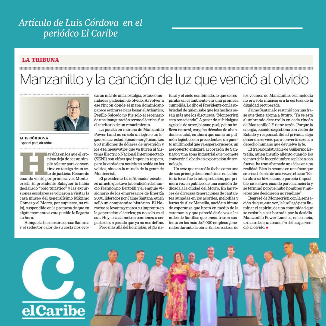luiscordovav's tweet photo. ⭕️ En Manzanillo, una canción hizo historia.

La puesta en marcha de Manzanillo Power Land no es solo un logro en las estadísticas energéticas. Los 950 millones de dólares de inversión privada y los 414 megavatios que ya fluyen al Sistema Eléctrico Nacional Interconectado (SENI).

“Esta obra se hizo cuando parecía imposible, se sostuvo cuando parecía incierta y se terminó porque hubo hombres y mujeres que decidieron no rendirse”.

↘️Lee más
 https://t.co/fNuVRqwdE5

#ManzanilloPowerLand #CulturaDominicana #Opinión