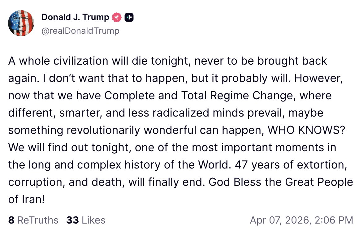 Wealthmanager's tweet photo. 🚨 ESCALATION

President Trump on Iran: ''A whole civilization will die tonight, never to be brought back again. I don’t want that to happen, but it probably will.'' https://t.co/qhCxZrmIDb