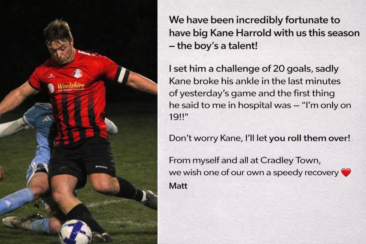 CradleyTown_FC's tweet photo. A message from the gaffers Matt and Mozza about our striker Kane who got injured yesterday.

#TheHammers #HammerFamily https://t.co/yJRUTjdFPQ