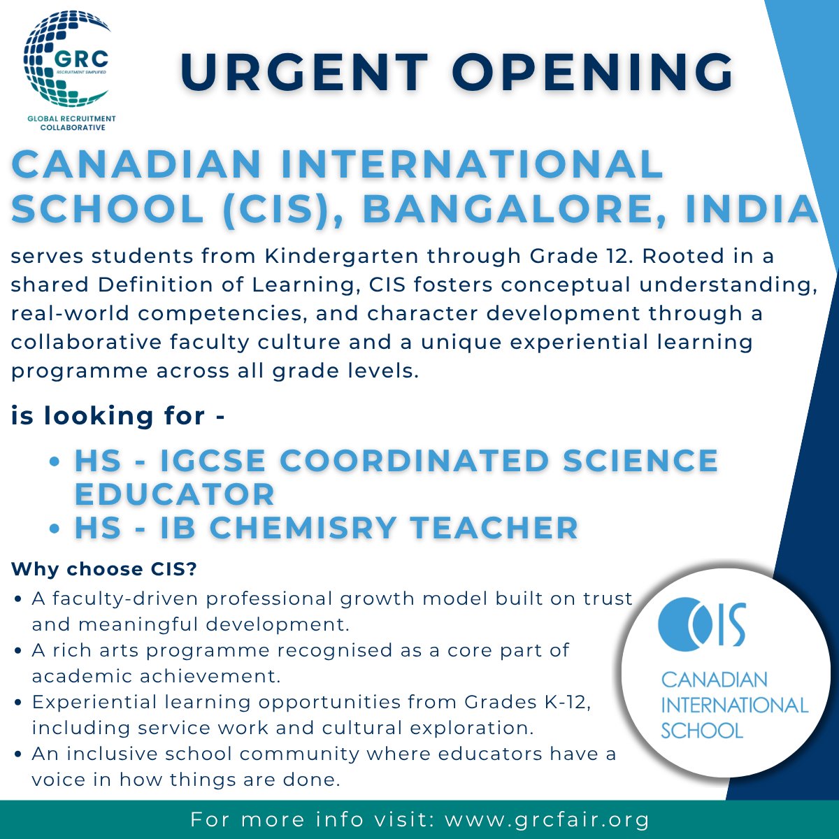 GrcFair's tweet photo. Canadian International School (CIS), Bangalore, India, has an urgent opening for two positions.

Apply here:
HS - IGCSE Coordinated Science Educator: https://t.co/n1jGHmggYk
HS - IB Chemistry Teacher: https://t.co/RrYbStViCX

For more information, visit https://t.co/5euumQ1ZZk https://t.co/eiEiEWfw43