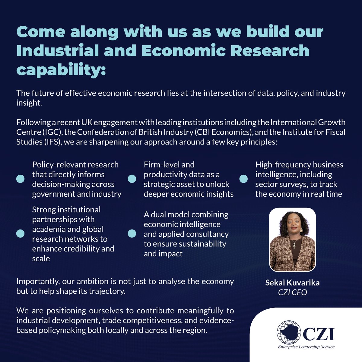 czionline's tweet photo. #GLOCALISE
#CIER CZI Industrial and Economic Research
Our Senior Economist, Dr @PindiririCarren, recently presented the paper "Revenue mobilisation or demobilisation?" The fiscal costs of monetary and exchange rate policy distortions in Zimbabwe at the Economic Development Conference in Africa conference at the Centre for the Study of African Economies, University of Oxford. This paper was written by Jimmy Psillos, the Chairman of the CZI Macro-Economic Committee, Victor Steenbergen, and Dr Carren Pindiriri, and was previously presented at the Zimbabwe Economic Development Conference (ZEDCON), an annual conference of the Ministry of Finance and Economic Development, Zimbabwe. @ZimTreasury
Dr @PindiririCarren and Dr @CorneliusDube, our Chief Economist, also undertook strategic engagements with key global institutions during this visit as we continue to strengthen the CZI Industrial and Economic Research (CIER).