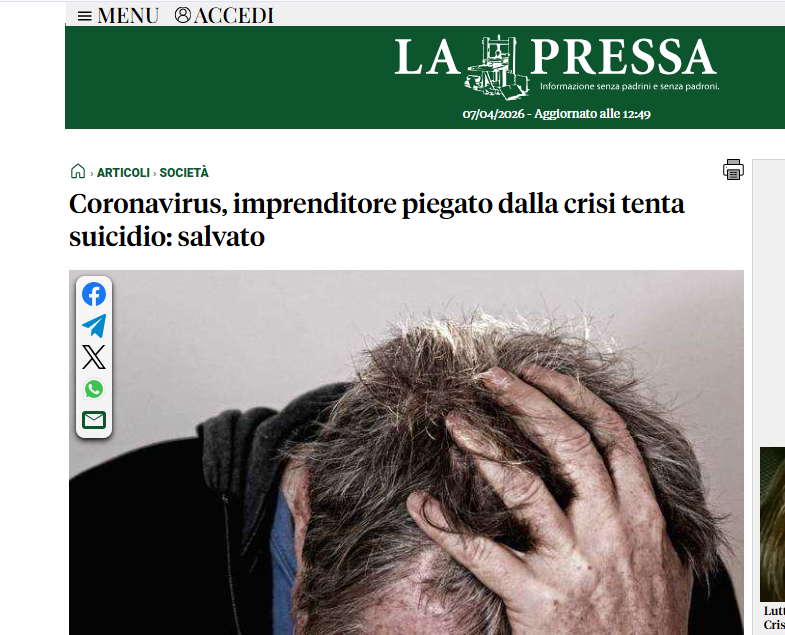 Erinni15's tweet image. #Coronavirus, imprenditore piegato dalla crisi tenta suici***: salvato

Temeva di non riuscire a salvare i dipendenti e l'azienda, che a causa dell'emergenza  era piombata in una crisi senza precedenti, e per questo aveva manifestato l'intenzione di su******

#lockdown #covid19