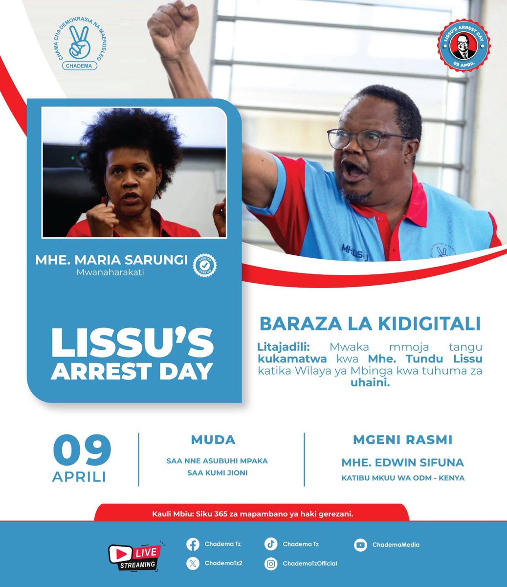 MariaSTsehai's tweet photo. April 9 is officially #FreeTunduLissu day
Injustice to one is injustice to all 👊🏽
Hakuna kucheka na madhulmat washenzi! Lissu aachiwe mara moja! https://t.co/ykpTHLXfhG