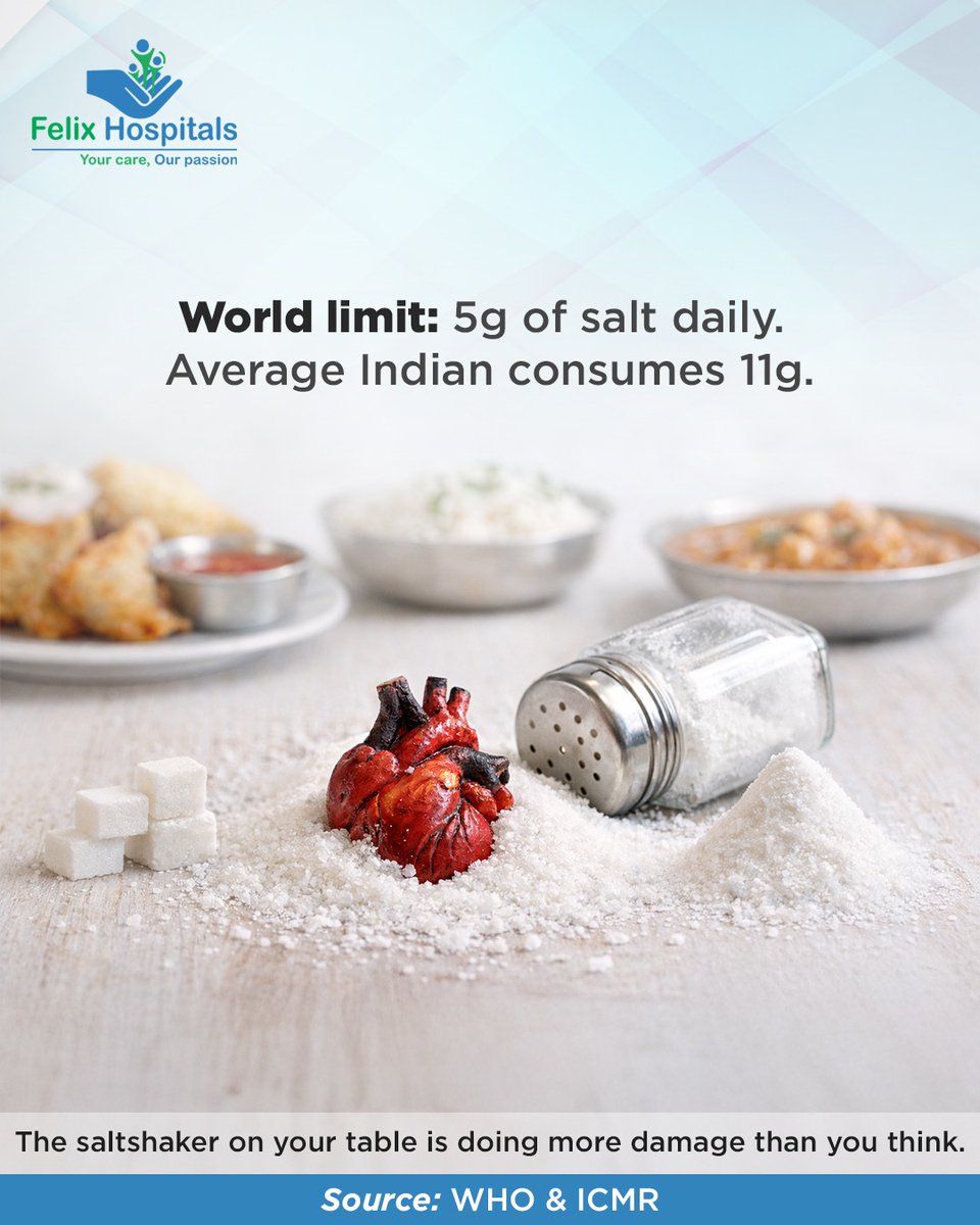 WellnessFelix's tweet image. Salt adds flavour, but excess adds risk. Staying within daily limits can make a powerful difference for heart health.

#SaltIntake #HeartHealth #Cardiology #FelixHospitals #HealthyHeart #LowSaltDiet #HypertensionAwareness #BloodPressureControl #PreventiveCardiology