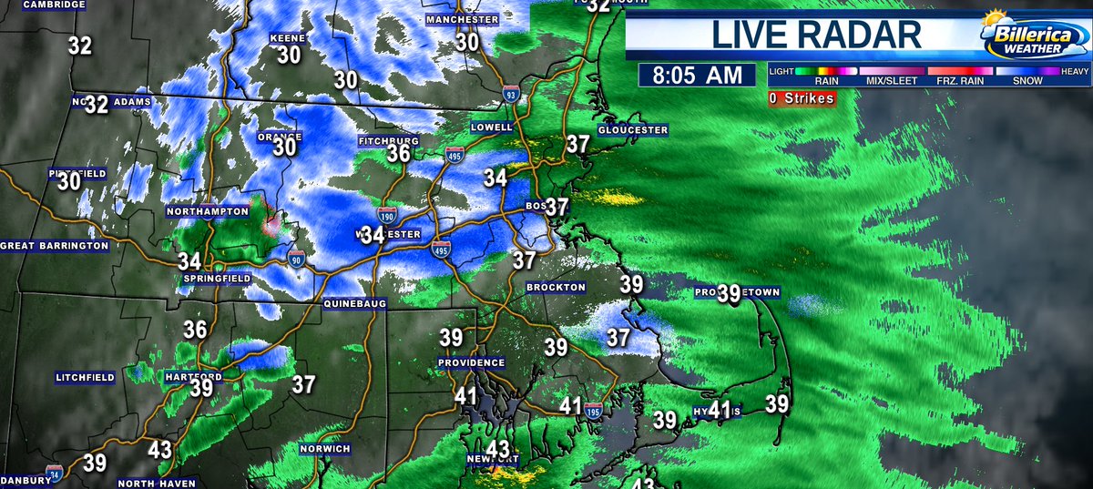 Bursts of snow &amp; rain moving through Eastern, MA at this hour all associated with a disturbance moving through the area today. Temperatures are above freezing, so I only expect a dusting on grassy surfaces at most. #mawx #snewx