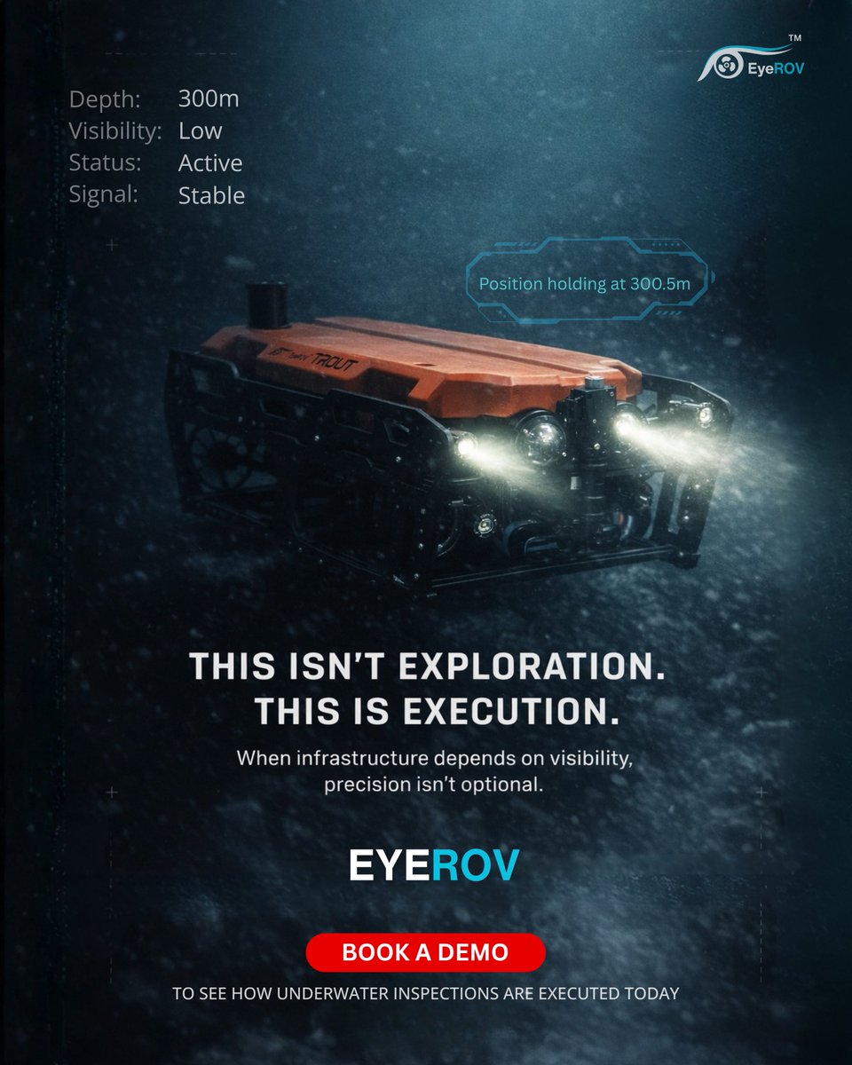 EyeROVTech's tweet photo. From energy and maritime operations to defense and infrastructure, EyeROV empowers teams to operate with confidence beneath the surface, turning the unknown into actionable intelligence.

🔴 Dive deeper. See execution in action.
Book a demo: https://t.co/1JsxNO2cDe https://t.co/XuRGmpdnGE