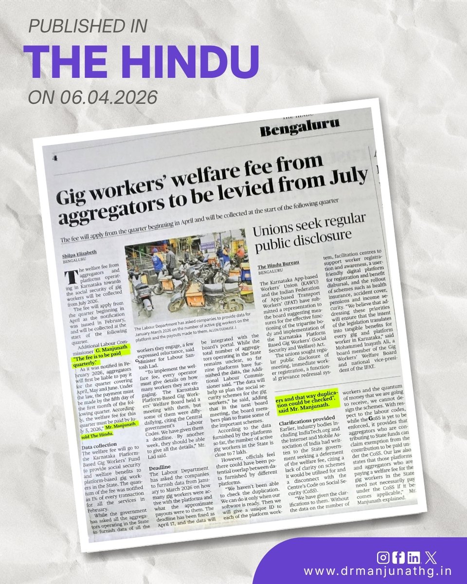 Manjuganga5's tweet photo. Published in The Hindu 📰✨
A proud moment as insights on gig workers’ welfare take the spotlight.
#Featured #TheHindu #LegalInsights #GigEconomy #LabourDepartment #WorkersRights 
@UNITEITORG
 @aiiteukarnataka
 @kitu_hq
 @LabourMinistry
@SantoshSLadINC https://t.co/CGYeObz7ju