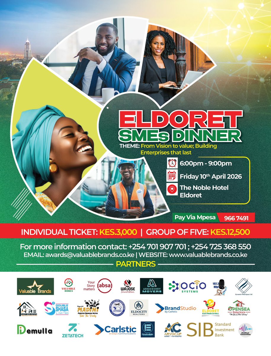 wambani_victor's tweet photo. The 1st Eldoret SMEs Dinner is this Friday, 10th April 2026 at The Noble Hotel, Eldoret — and seats are going fast.
If you have been thinking about it, now is the time to stop thinking and start paying.

 The room closes at 100 guests https://t.co/4g4V4nRDBw