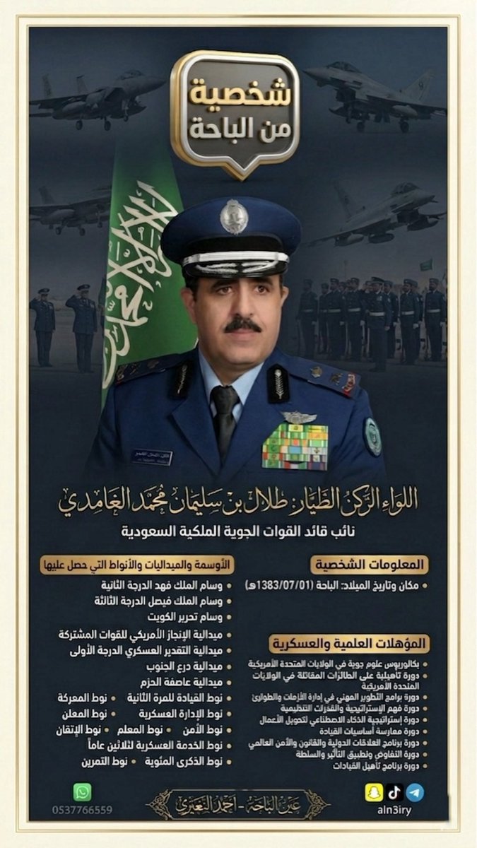 ahmed_aln3iry's tweet photo. شخصية من الباحة 

اللواء الطيار الركن : طلال بن سليمان محمد الغامدي

نائب قائد القوات الجوية الملكية السعودية . 

• مكان وتاريخ الميلاد: الباحة

المؤهلات العلمية والعسكرية : 
• بكالوريوس علوم جوية من الولايات المتحدة الأمريكية.
• دورة تأهيلية على الطائرات المقاتلة في الولايات المتحدة الأمريكية.
• دورة سلامة جوية في الولايات المتحدة الأمريكية.
• ماجستير علوم عسكرية.
• دورة العمليات المشتركة.
• دورة اتصالات متقدمة.
• دورة كبار القادة.
• دورة الدراسات الدفاعية.
• دورة الحرب الإلكترونية.
• دورة برامج التطوير المهني في إدارة الأزمات والطوارئ.
• دورة فهم الإستراتيجية والقدرات التنظيمية.
• دورة إستراتيجية الذكاء الاصطناعي لتحويل الأعمال.
• دورة ممارسة أساسيات القيادة.
• دورة برنامج العلاقات الدولية والقانون والأمن العالمي.
• دورة التفاوض وتطبيق التأثير والسلطة.
• دورة برنامج تأهيل القيادات.
المناصب التي ش��لها
• قائد سرب الاتصالات والحاسب الآلي.
• قائد جناح الاتصالات وتقنية المعلومات.
• قائد جناح الإمدادات.
• مدير إدارة الاتصالات وتقنية المعلومات بالقوات الجوية.
• قائد قاعدة الملك عبدالله الجوية.
• نائب قائد القوات الجوية.
الأوسمة والميداليات والأنواط
• وسام الملك فهد من الدرجة الثانية.
• وسام الملك فيصل من الدرجة الثالثة.
• وسام تحرير الكويت.
• ميدالية تحرير الكويت.
• ميدالية الإنجاز الأمريكي للقوات المشتركة.
• ميدالية التقدير العسكري من الدرجة الأولى.
• ميدالية درع الجنوب.
• ميدالية عاصفة الحزم.
• نوط القيادة للمرة الثانية.
• نوط المعركة.
• نوط الإدارة العسكرية.
• نوط الأمن.
• نوط المعلم.
• نوط الإتقان.
• نوط الخدمة العسكرية لثلاثين عاماً.
• نوط الذكرى المئوية.
• نوط الحج.
• نوط التمرين.