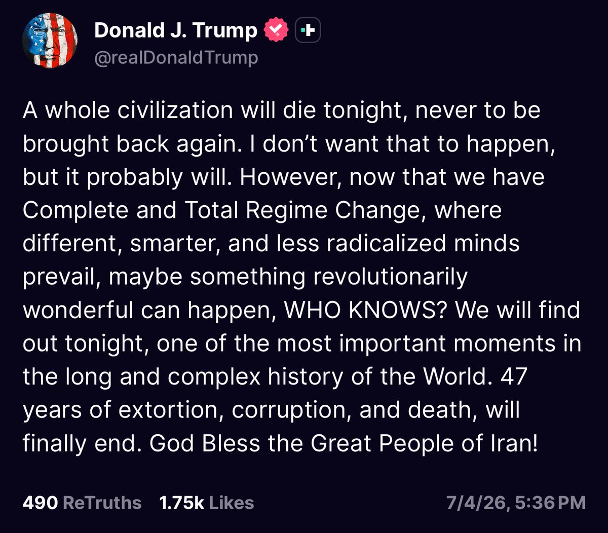 #BREAKING: Trump issues massive threat against Iran hours before deadline ends. 

“A whole civilization will die tonight, never to be brought back again.”