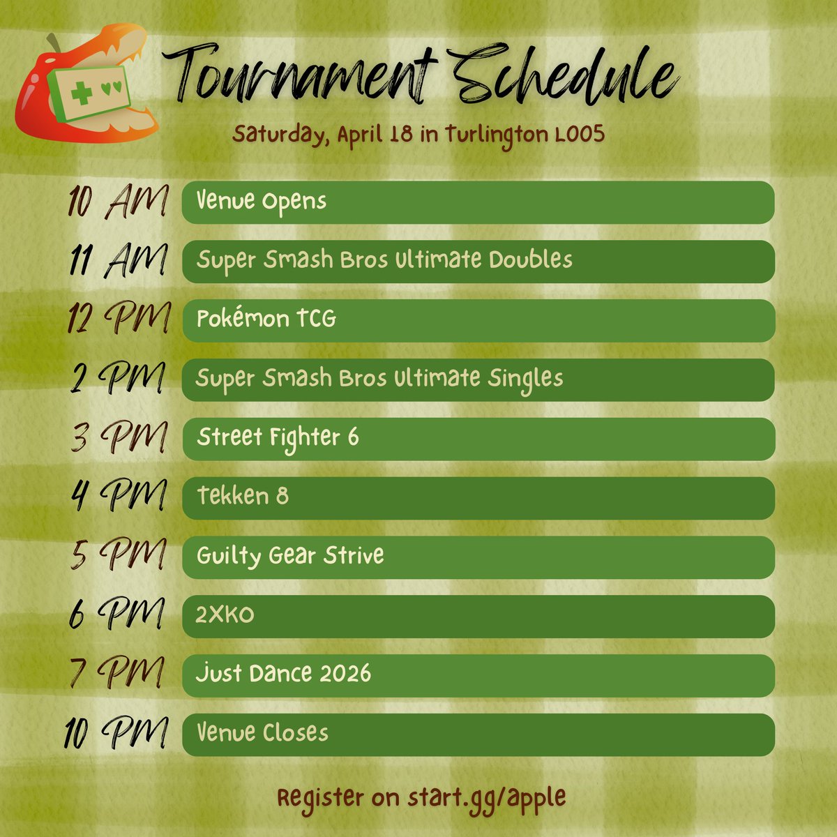 GatorGaming's tweet photo. Don't forget to register for these charity tournaments! 🍎
https://t.co/s7cdMCrfRA

We're hosting several tournaments for our charity weekend (with schedule below)!

Entry to the event will be a $5 donation! Registration for tournaments will be a $10 donation (includes entry fee) https://t.co/WKvLjg51qi