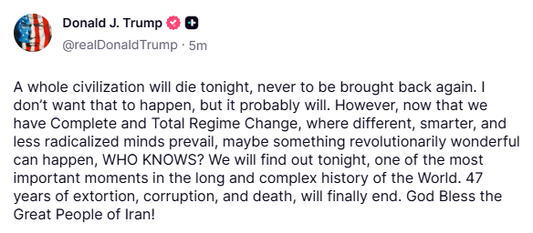 WarBulletin's tweet photo. 🚨BREAKING: 

Trump: 

"A whole civilization will die tonight, never to be brought back again. I don't want that to happen, but it probably will." https://t.co/RvFWXCAq0h