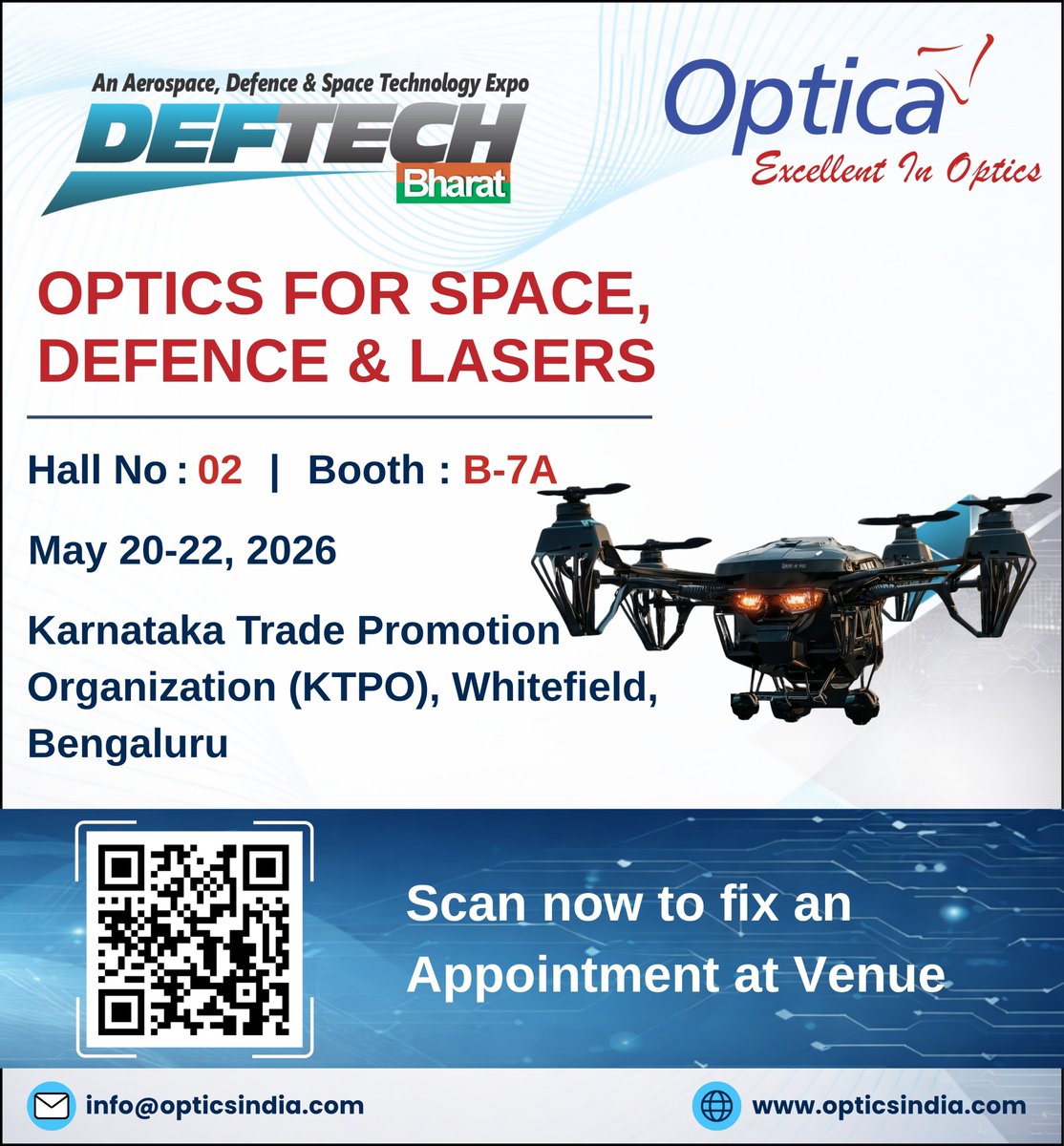 Optica @ DefTech Bharat 2026 | Showcasing precision optics for Space, Defence &amp; Laser applications – Visit us at Hall 02, Booth B-7A, May 20–22 at KTPO, Bengaluru 🚀 
#Optica #DefTechBharat #DefenceTechnology #SpaceOptics #LaserOptics #Photonics #PrecisionOptics #Innovation