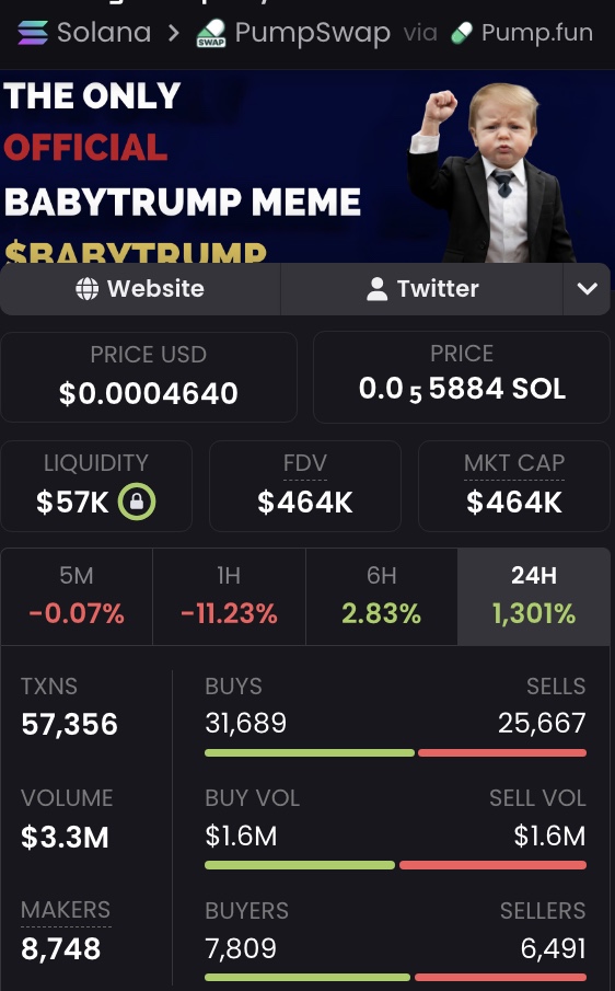 JamesTrade0x's tweet photo. A sharp correction hit $BabyTrump, but it's now consolidating above the 400K MCap zone. Worth paying attention to how it holds this support.

EW7ZvfyaeiXjsxLmPf3m73JnQL2bkqRyan8CW1Sapump https://t.co/dj5voLuSIn