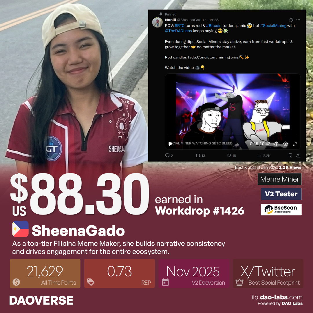 🇵🇭 Meet @SheenaGadoo, our incredibly talented Filipina Meme Maker who is bringing top-tier humor and creativity to #DAOVERSE! 

✨ She is proving that making memes is serious business in #Web3. With 21,629 All-Time Points and an outstanding 0.78 REP, her visual labor translates