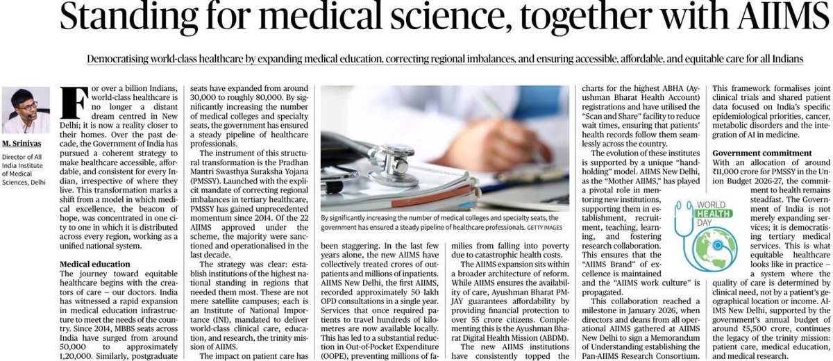 aiims_newdelhi's tweet photo. In his latest article for @the_hindu , Prof. M. Srinivas highlights how expanding the AIIMS network, strengthening medical education, and advancing digital health are making quality care more accessible and affordable for all. 🇮🇳
#WorldHealthDay #StandingWithScience https://t.co/bl7Bg9Zq7P