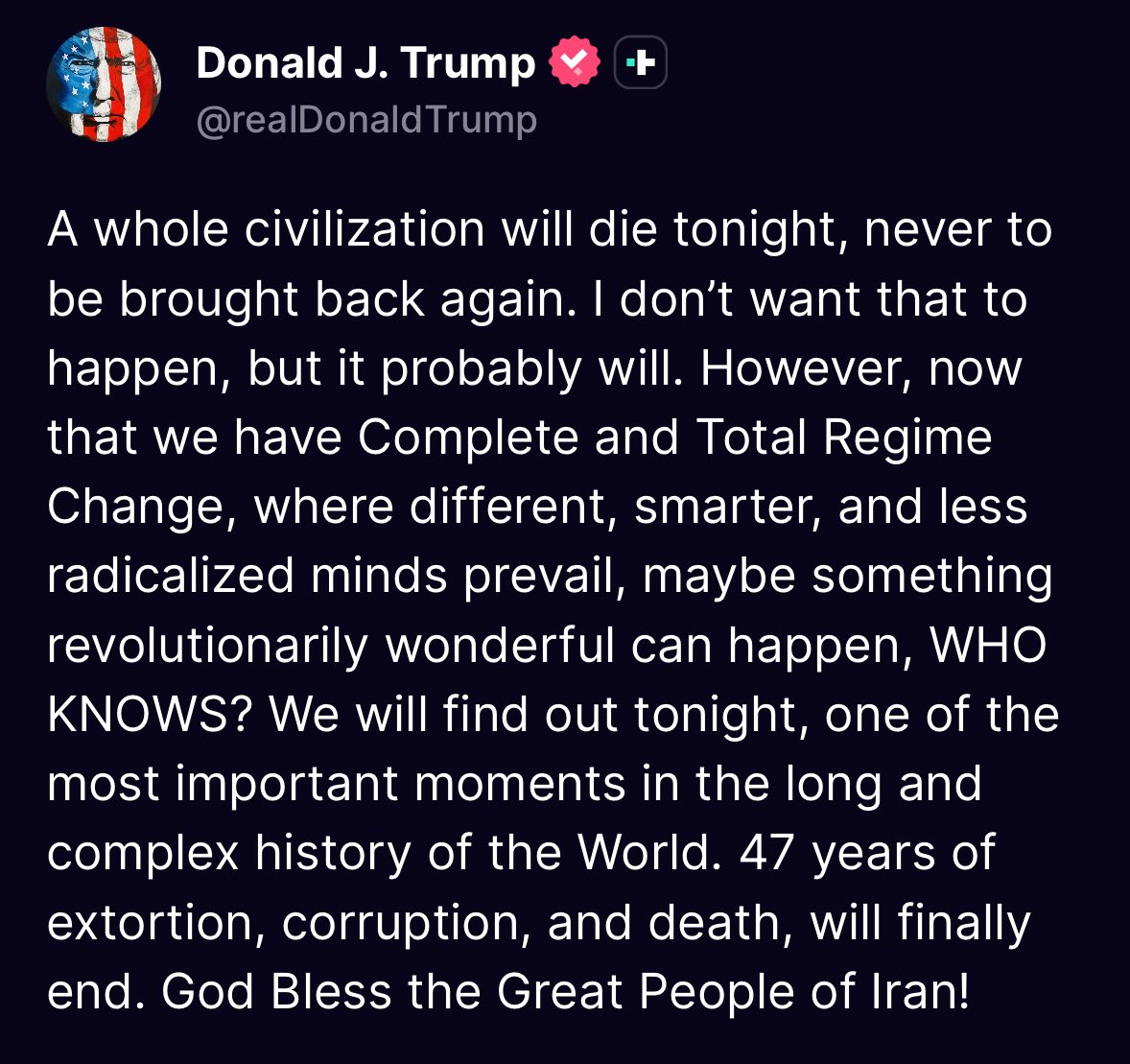 “A whole civilization will die tonight, never to be brought back again”. Al parecer, perdió completamente la cabeza.

¿Falta mucho para que los muchachos de acá se bajen de esta locura o necesitan una nuclear?
