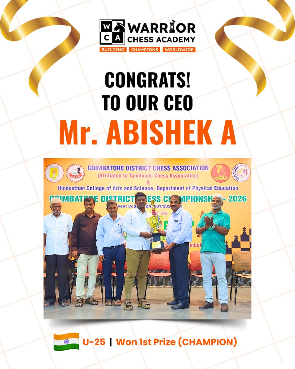 🧡The journey in chess never truly ends!♟️

Congratulations to our CEO, Mr. Abishek A, on winning 1st Prize (U-25) at the Coimbatore District Chess Championship 2026 and qualifying for the State Championship.

#WarriorChessAcademy #Chess #Passion #Founder #Achievement #Coimbatore